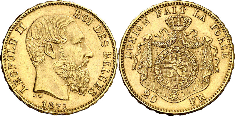 Bélgica. 1875. Leopoldo II. 20 francos. (Fr. 412) (KM. 37). AU. 6,46 g. EBC.