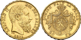 Bélgica. 1875. Leopoldo II. 20 francos. (Fr. 412) (KM. 37). AU. 6,46 g. EBC.