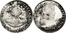 Bolivia. 1830. Potosí. JL. 4 soles. (KM. 96a.2). Doble marca de ceca. Oxidaciones. AG. 13,46 g. MBC-.