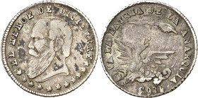 Bolivia. 1865. Proclamación. Melgarejo. Módulo 1/2 sol. (Fonrobert 9684). Rara. Plata. 1,18 g. BC+/MBC-.
