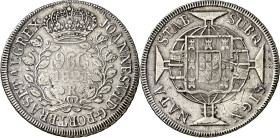 Brasil. 1821. Juan VI. R (Río). 960 reis. (KM. 326.1). Acuñada sobre un real de a 8 de Fernando VII, 1814, Potosí (P)J. AG. 26,71 g. MBC.