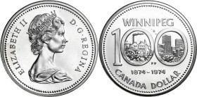 Canadá. 1974. Isabel II. 1 dólar. (KM. 88a). Centenario de Winnipeg. En estuche oficial. Ex Áureo & Calicó 31/01/2013, nº 4005. AG. S/C.