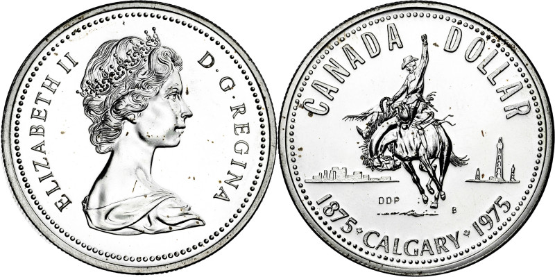 Canadá. 1975. Isabel II. 1 dólar. (KM. 97). Centenario de Calgary. Manchitas. AG...