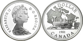 Canadá. 1981. Isabel II. 1 dólar. (KM. 130). Ferrocarril transcontinental. En estuche oficial. Ex Áureo & Calicó 31/01/2013, nº 4010. AG. 23,17 g. Pro...