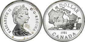 Canadá. 1981. Isabel II. 1 dólar. (KM. 130). Ferrocarril transcontinental. Manchitas. AG. 23,17 g. Proof.