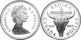 Canadá. 1982. Isabel II. 1 dólar. (KM. 133). Centenario de la Sede Territorial del Gobierno establecida en Regina. AG. 23,56 g. Proof.