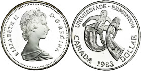 Canadá. 1983. Isabel II. 1 dólar. (KM. 138). Juegos Universitarios de Edmonton. Manchitas. AG. 23,38 g. Proof.