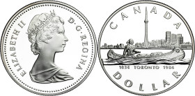 Canadá. 1984. Isabel II. 1 dólar. (KM. 140). Sesquicentenario de Toronto. En estuche oficial. AG. 23,62 g. Proof.