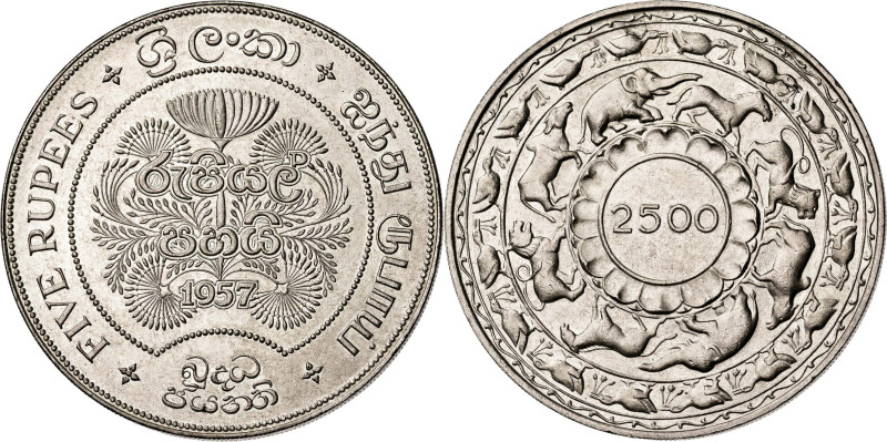 Ceylán. 1957. Isabel II. 5 rupias. (KM. 126). 2500 años de budismo. AG. 28,19 g....