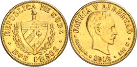 Cuba. 1916. 2 pesos. (Fr. 6) (KM. 17). Sirvió como joya. AU. 3,33 g. (MBC+).
