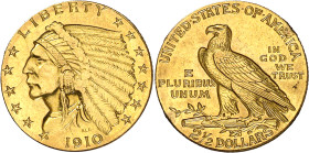 Estados Unidos. 1910. Filadelfia. 2 1/2 dólares. (Fr. 120) (KM. 128). Tipo "indio". Restos de soldadura en canto. AU. 4,18 g. (MBC+).