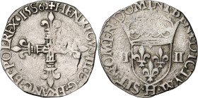 Francia. 1586. Enrique III. H (La Rochelle). 1/4 de écu. (Duplessy 1133). AG. 9,60 g. MBC-.