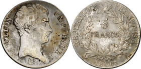 Francia. 1806. Napoleón. A (París). 5 francos. (KM. 673.1). Leves rayitas. Escasa. AG. 24,84 g. MBC.