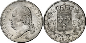 Francia. 1824. Luis XVIII. A (París). 5 francos. (KM. 711.1). Limpiada. AG. 25 g. MBC/MBC+.