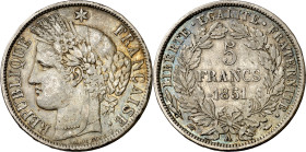 Francia. 1851. II República. A (París). 5 francos. (KM. 761.1). Rayitas. Pátina. AG. 24,80 g. MBC+.