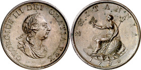 Gran Bretaña. 1799. Jorge III. 1/2 penique. (KM. 647). Bella. Escasa así. CU. 12,26 g. EBC+.