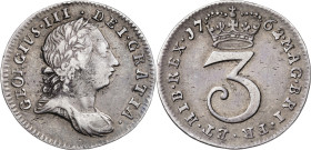 Gran Bretaña. 1762. Joge III. 3 peniques. (KM. 591). AG. 1,49 g. MBC-/MBC.