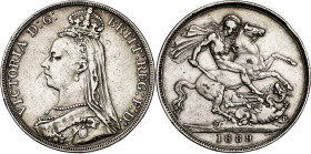 Gran Bretaña. 1889. Victoria. 1 corona. (KM. 765). Golpecitos. AG. 28,19 g. MBC-.