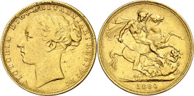 Gran Bretaña. 1880. Victoria. 1 libra. (Fr. 388) (KM. 752). Hojita. AU. 7,90 g. MBC-/MBC.