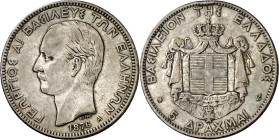 Grecia. 1876. Jorge I. A (París). 5 dracmas. (KM. 46). Golpecitos. Pátina. AG. 24,88 g. MBC.