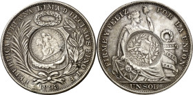 Guatemala. Resello de 1/2 real de 1894 sobre 1 sol peruano de 1893 TF. (KM. 224). AG. 24,84 g. MBC.