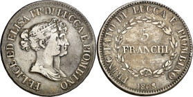Italia. Lucca. 1808. Félix y Elisa. 5 francos. (KM. 24.4). Golpecitos. Pátina. Escasa. AG. 24,60 g. MBC-.