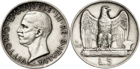 Italia. 1927. Víctor Manuel III. R (Roma). 5 liras. (KM. 67.1). AG. 4,92 g. MBC+.