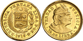 Perú. 1913. 1/5 de libra. (Fr. 75) (KM. 210). Leve defecto de acuñación en el canto. AU. 1,60 g. S/C-.