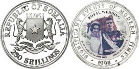 Somalia. 1998. 250 chelines. (KM. falta). Eventos significativos - Boda real entre Juan Carlos I y Sofía. AG. 23,69 g. Proof.