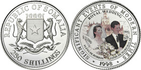 Somalia. 1998. 250 chelines. (KM. falta). Eventos significativos - Boda real entre Elena de Borbón y Jaime de Marichalar. AG. 23,92 g. Proof.