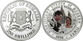 Somalia. 1998. 250 chelines. (KM. falta). Eventos significativos - Boda real entre Cristina de Borbón e Iñaki Urdangarín. AG. 23,65 g. Proof.