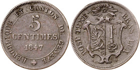 Suiza. Ginebra. 1847. AB. 5 céntimos. (Kr. 133). Vellón. 1,94 g. MBC-.
