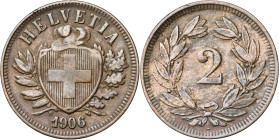 Suiza. 1906. B (Berna). 2 rappen. (KM. 4.2). Escasa. CU. 2,44 g. MBC-.