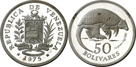 Venezuela. 1975. 50 bolívares. (KM. 47). Conservación - Armadillo gigante. Escasa. AG. 35,66 g. Proof.