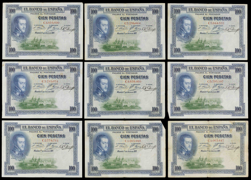 1925. 100 pesetas. (Ed. B107a) (Ed. 323a). 1 de julio, Felipe II. 9 billetes, se...