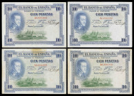 1925. 100 pesetas. (Ed. B127) (Ed. 344). 1 de julio, Felipe II. 4 billetes, serie A, con sello en seco del GOBIERNO PROVISIONAL. BC/MBC-.