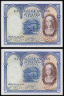 1927. 500 pesetas. (Ed. C3) (Ed. 352). 24 de julio, Isabel la Católica. Pareja correlativa. Leves dobleces, pero ejemplares extraordinarios, con apres...