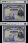 1928. 1000 pesetas. (Ed. C8) (Ed. 357). 15 de agosto, San Fernando. Pareja correlativa. Certificado por la PMG como 58 Choice About Unc. EBC+.