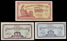 1937. Asturias y León. 25, 40 céntimos y 1 peseta. (Ed. C45, C46 y C48) (Ed. 394, 395 y 397). 3 billetes. MBC-/S/C-.