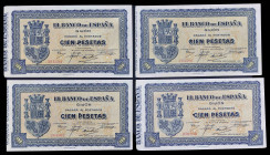 1937. Gijón. 100 pesetas. (Ed. C50) (Ed. 399). Septiembre. Perforación. Esquinas rozadas. 4 billetes. EBC-.