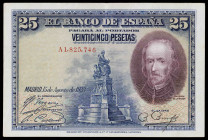 1928. 25 pesetas. (Ed. D4) (Ed. 403). 15 de agosto, Calderón de la Barca. Serie A. Sello en seco del ESTADO ESPAÑOL - BURGOS. Dobleces. MBC-.