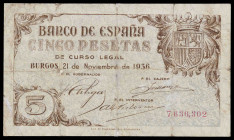 1936. Burgos. 5 pesetas. (Ed. D18) (Ed. 417). 21 de noviembre. Reparado. (BC+).