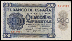 1936. Burgos. 500 pesetas. (Ed. D23) (Ed. 422). 21 de noviembre. Serie A. Dobleces. Raro. MBC.