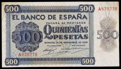 1936. Burgos. 500 pesetas. (Ed. D23) (Ed. 422). 21 de noviembre. Serie A. Doblez central. Esquinas rozadas. Lavado y planchado. Raro. EBC-.