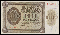 1936. Burgos. 1000 pesetas. (Ed. D24a) (Ed. 423a). 21 de noviembre. Serie B. Pronunciada doblez central con levísima rotura de papel. Pequeños agujero...