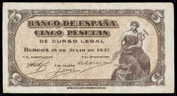 1937. Burgos. 5 pesetas. ( Ed. D25a) (Ed. 424a). 18 de julio. Serie B. Anotación en árabe en reverso. Escaso. MBC-.