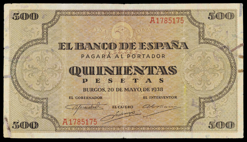 1938. Burgos. 500 pesetas. (Ed. D34) (Ed. 433). 20 de mayo. Pliegue central. Rot...