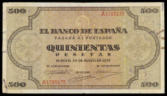 1938. Burgos. 500 pesetas. (Ed. D34) (Ed. 433). 20 de mayo. Pliegue central. Roturas reparadas en los laterales. Raro. (MBC-).