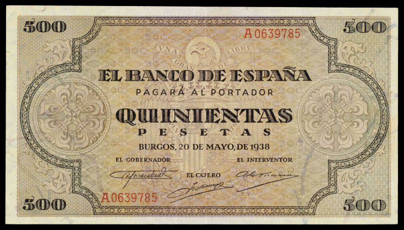 1938. Burgos. 500 pesetas. (Ed. D34) (Ed. 433). 20 de mayo. Dobleces. MBC.