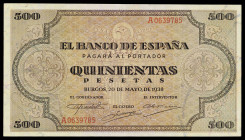 1938. Burgos. 500 pesetas. (Ed. D34) (Ed. 433). 20 de mayo. Dobleces. MBC.